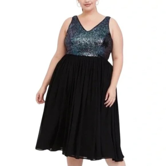 Torrid Black Sequin Chiffon Skater Midi - Picture 1 of 6